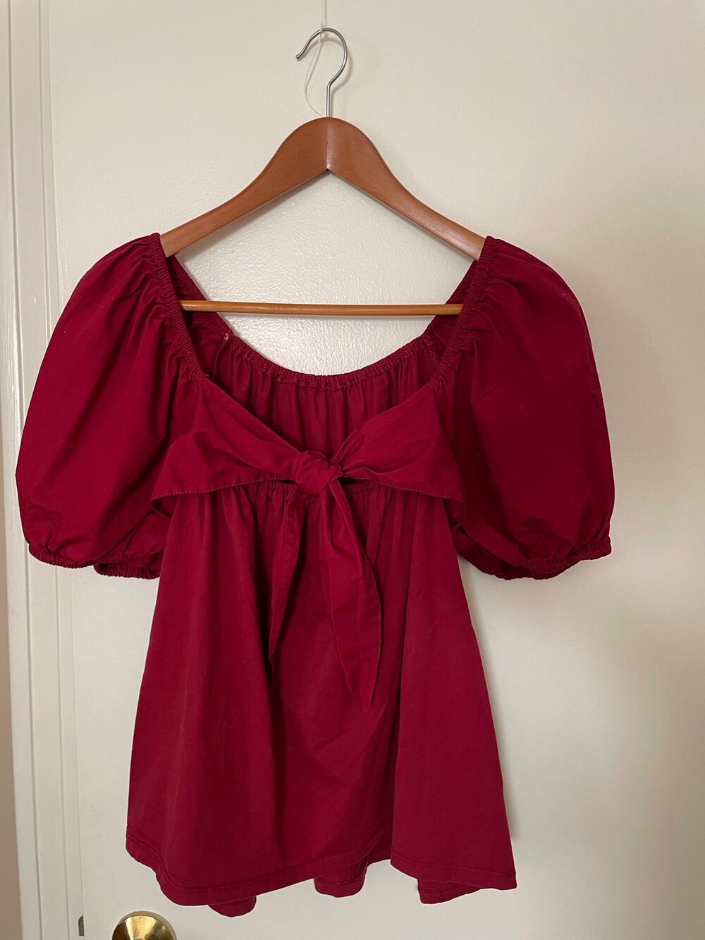 Red Smocked Puff Shoulder Bow Tie Back Fall/Winter Top